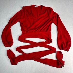 Fashion Nova Womens Red Wrap Front Balloon Sleeve Crop Top Tie Waist Size Large